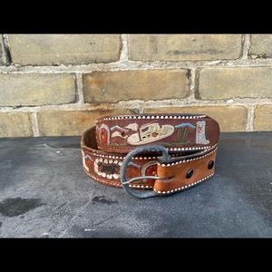 Vintage Western Coloured Tooled Pattern Cowboy Cowgirl Leather Belt Metal Buckle